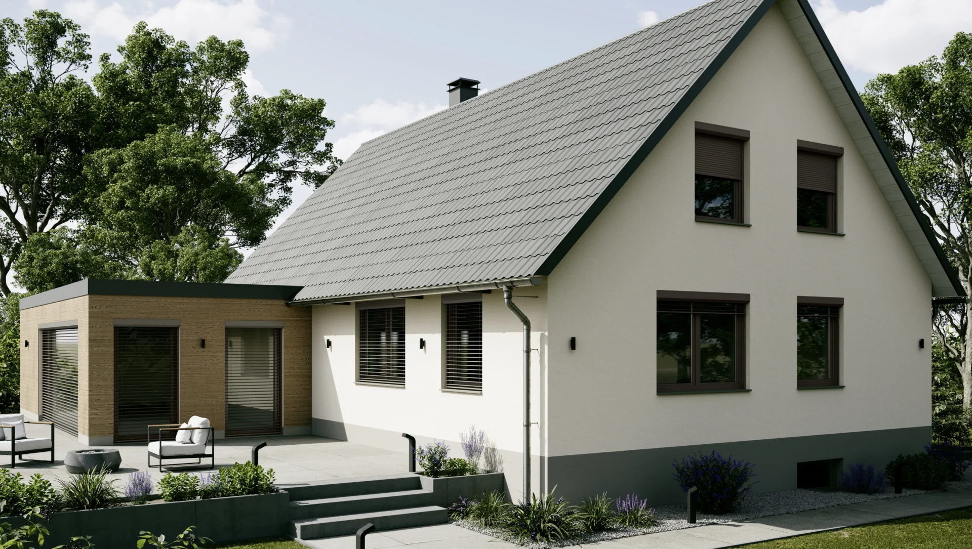 Modernes Einfamilienhaus mit großzügigem Garten und klarer Architektur
