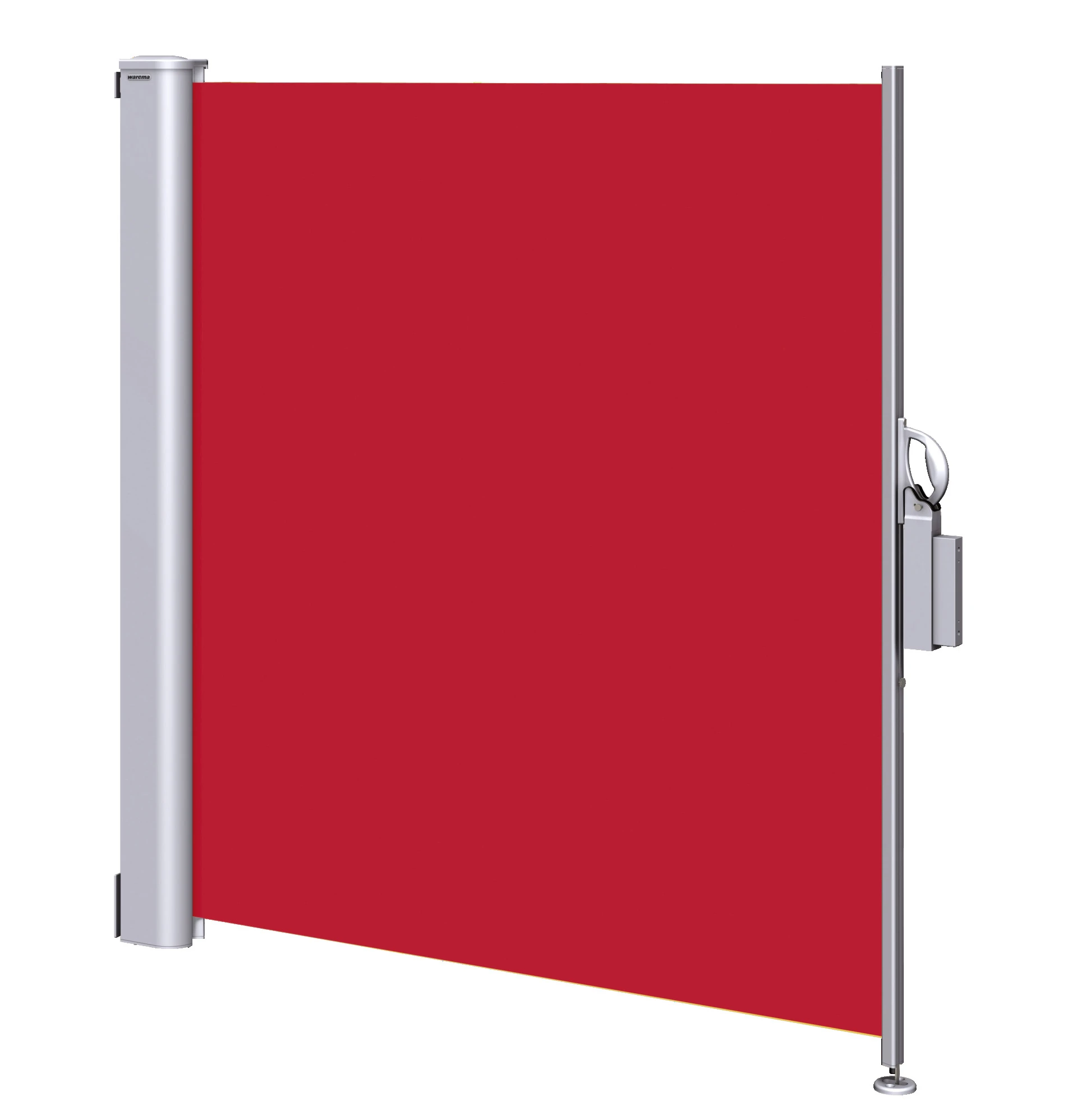 Rote Seitenmarkise mit silbernem Gestell